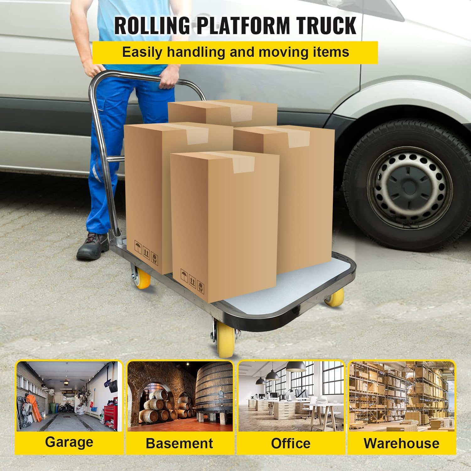 Welbuilt 1000 Kg Capacity SS304 Stainless Steel Foldable Platform Trolley for Lifting Heavy Weight with 360° Degree Swivel Wheels