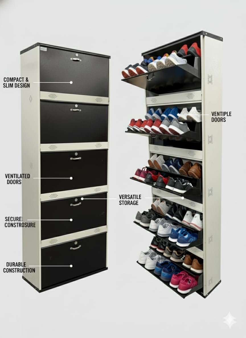 Metal Shoe Rack 30 Pairs Capacity | H-79'' W-26'' D-9.5'' |Wall Mounted Powder Coated 5 Door 10 Shelves Double Decker (White & Brown)