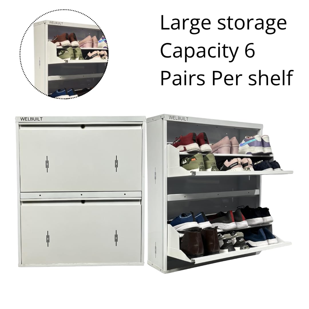 WELBUILT Double Decker Metal Shoe Rack for Home | Capacity-12 Pairs, 2 Door 4 Shelf | H-34, W-29, D-9" (inches)| Shoe Cabinet for Home with Lock | Wall Mount - DIY | 100% Powder Coated | Full White