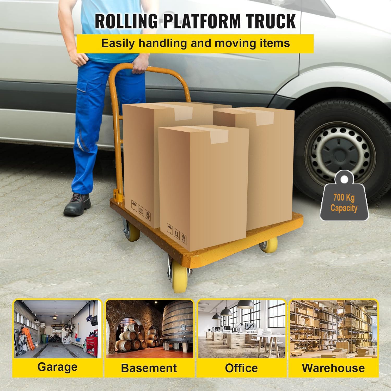 Welbuilt 700 kg Capacity Heavy Duty Iron Platform Trolley with 360° Degree Swivel Wheels - Yellow-Trollays-Welbuilt Products-Aman Overseas