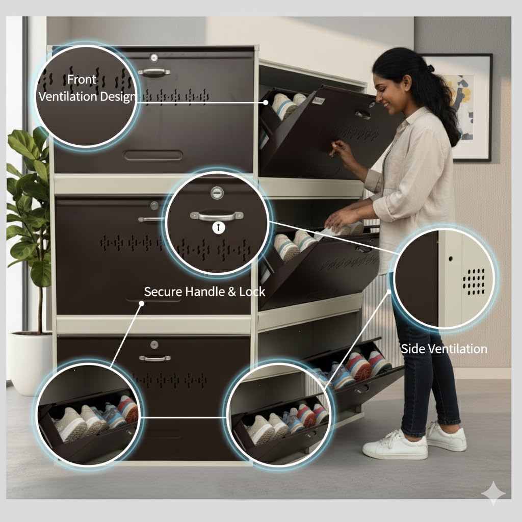 Metal Shoe Rack 18 Pairs Capacity | H-52'' W-26'' D-9.5'' |Wall Mounted Powder Coated 3 Door 6 Shelves Double Decker (White & Brown)