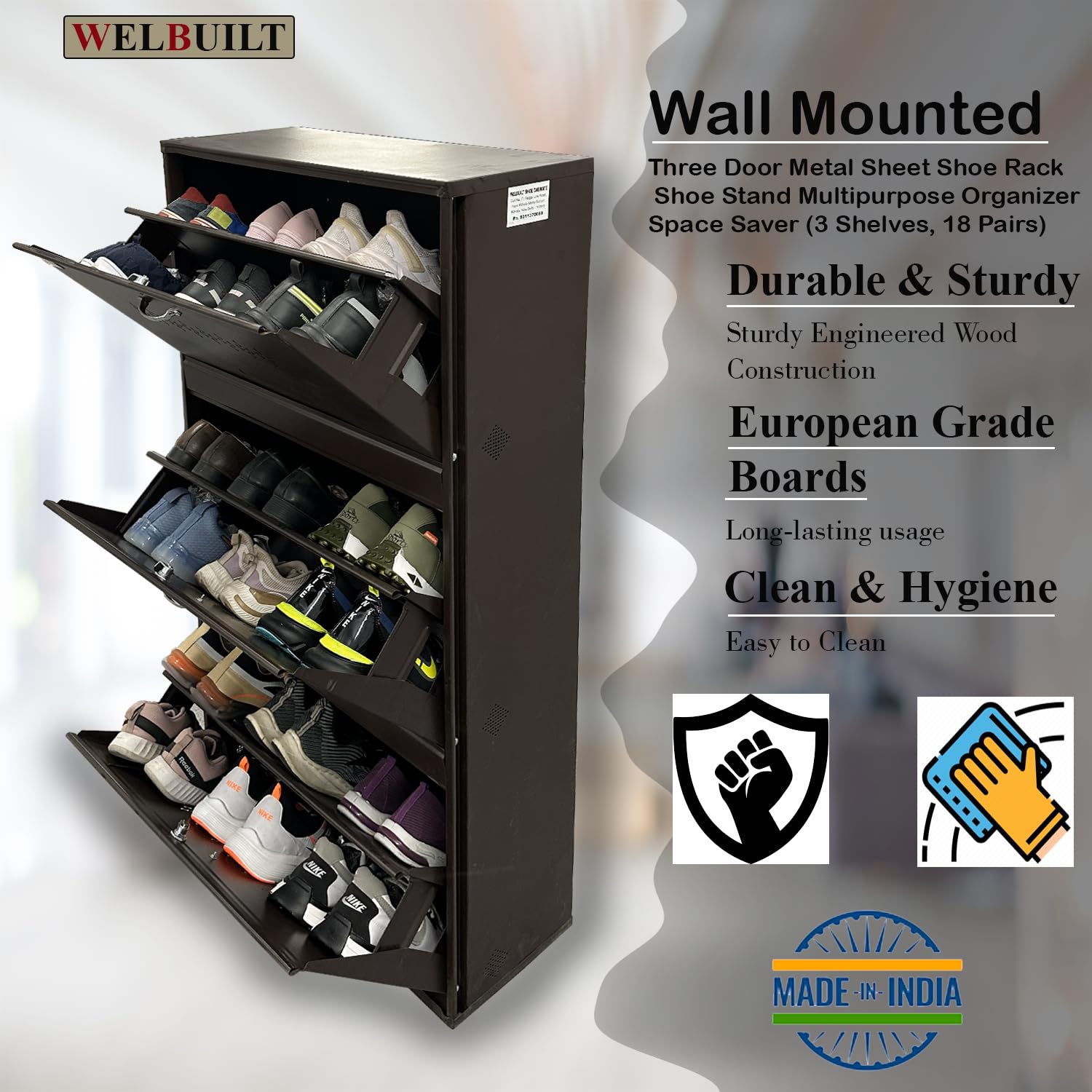 Metal Shoe Rack 18 Pairs Capacity | H-52'' W-26'' D-9.5'' |Wall Mounted Powder Coated 3 Door 6 Shelves Double Decker (Full Brown)