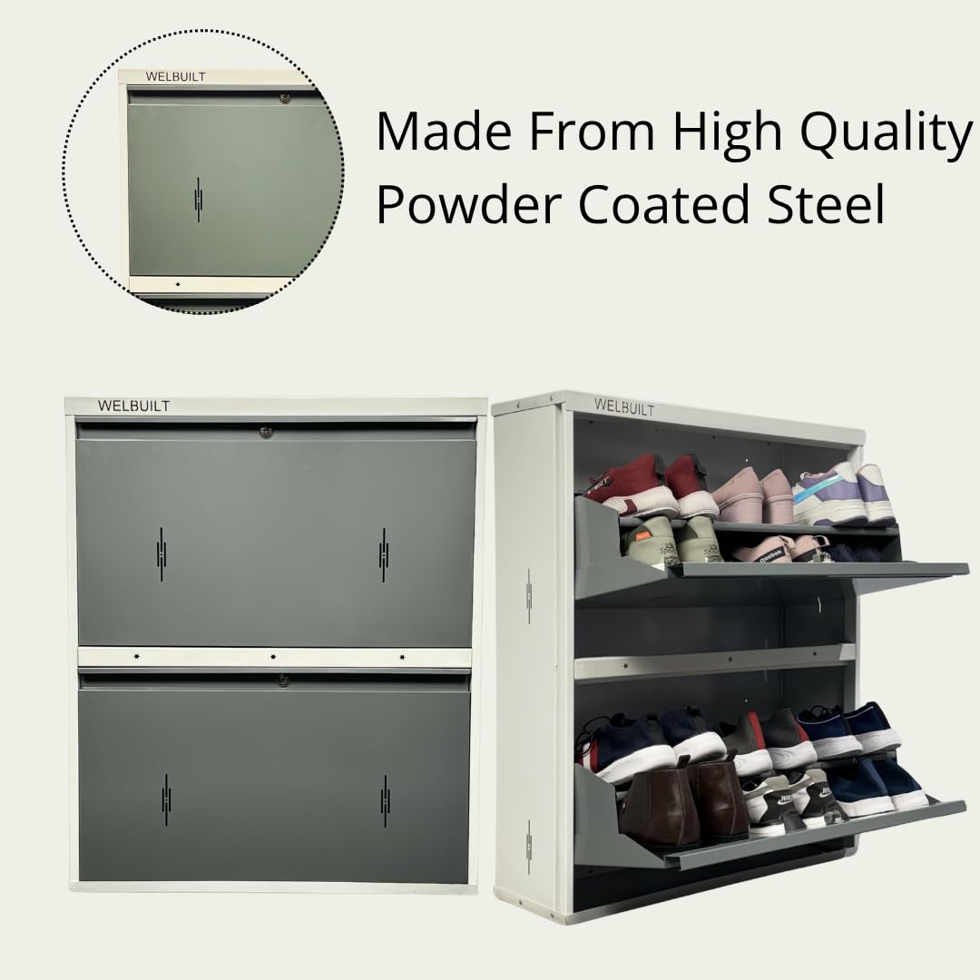 WELBUILT Double Decker Metal Shoe Rack for Home | Capacity-12 Pairs, 2 Door 4 Shelf | H-34, W-29, D-9" (inches)| Shoe Cabinet for Home with Lock | Wall Mount - DIY | 100% Powder Coated | White & Grey