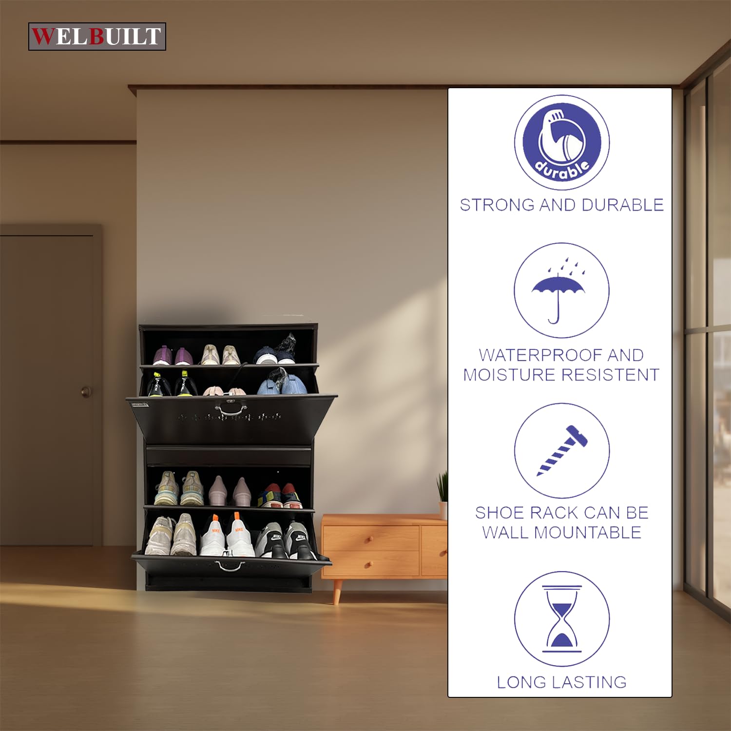 Metal Shoe Rack for Home | Capacity-12 Pairs, 2 Door 4 Shelf | H-34, W-26, D-9.5" (inches)| Shoe Cabinet for Home with Lock | Wall Mount - DIY | 100% Powder Coated | Brown
