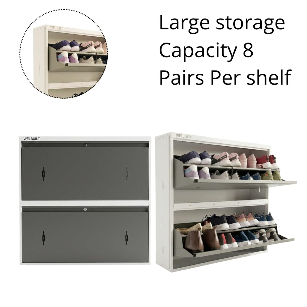 Double Decker Metal Shoe Rack | Capacity-16 Pairs, 2 Door 4 Shelf | H-34, W-35, D-9.5" (inches)| Shoe Cabinet for Home with Lock | Wall Mount - DIY | 100% Powder Coated | White & Grey