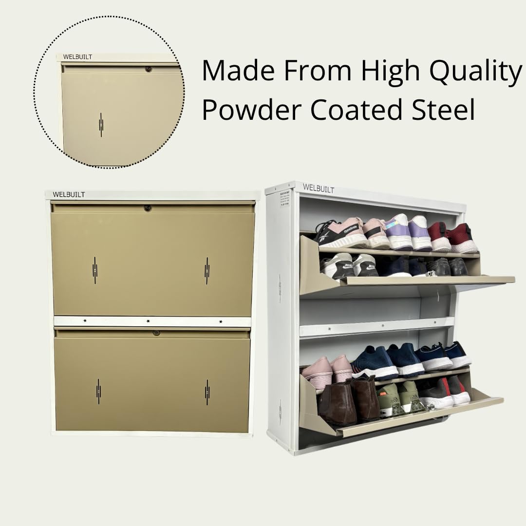 Double Decker Metal Shoe Rack for Home | Capacity-12 Pairs, 2 Door 4 Shelf | H-34, W-29, D-9" (inches)| Shoe Cabinet for Home with Lock | Wall Mount - DIY | 100% Powder Coated | White & Biscuits