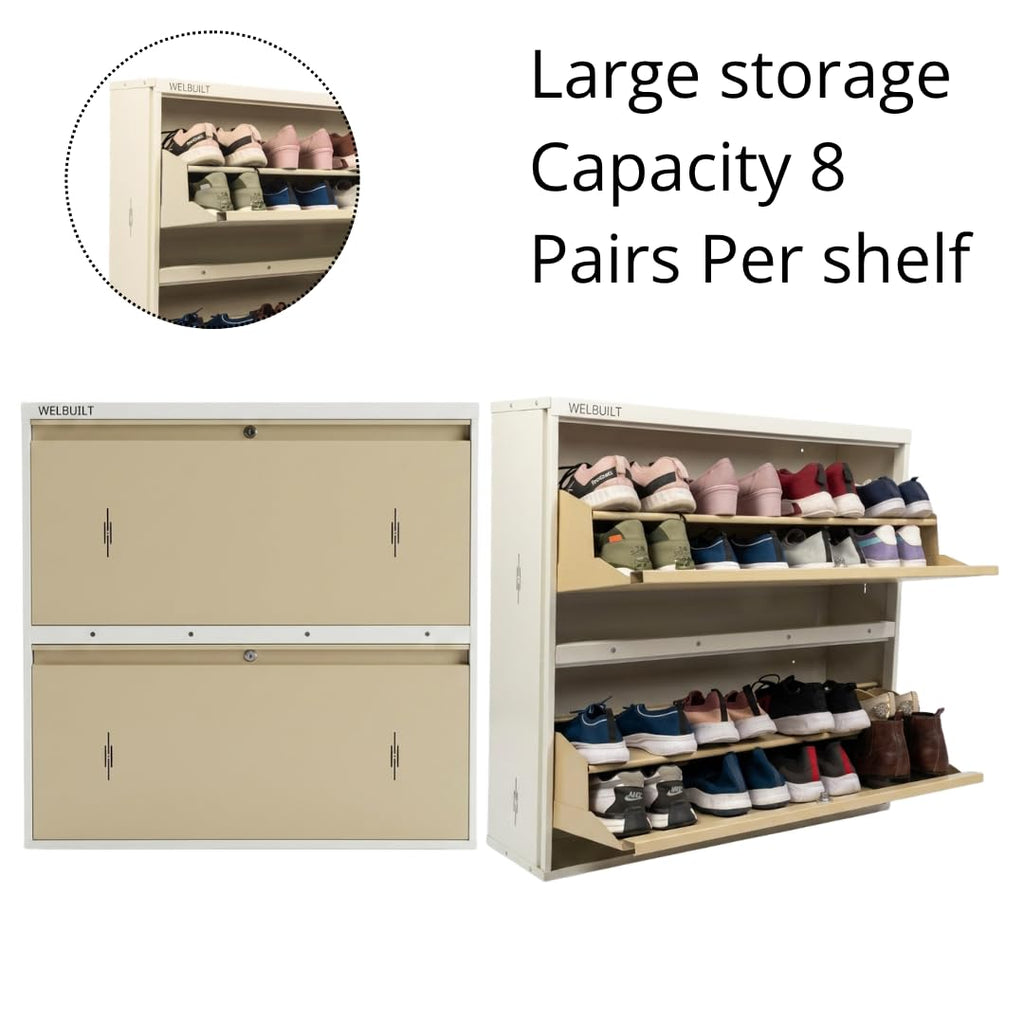 Double Decker Metal Shoe Rack | Capacity-16 Pairs, 2 Door 4 Shelf | H-34, W-35, D-9.5" (inches)| Shoe Cabinet for Home with Lock | Wall Mount - DIY | 100% Powder Coated | White & Biscuits