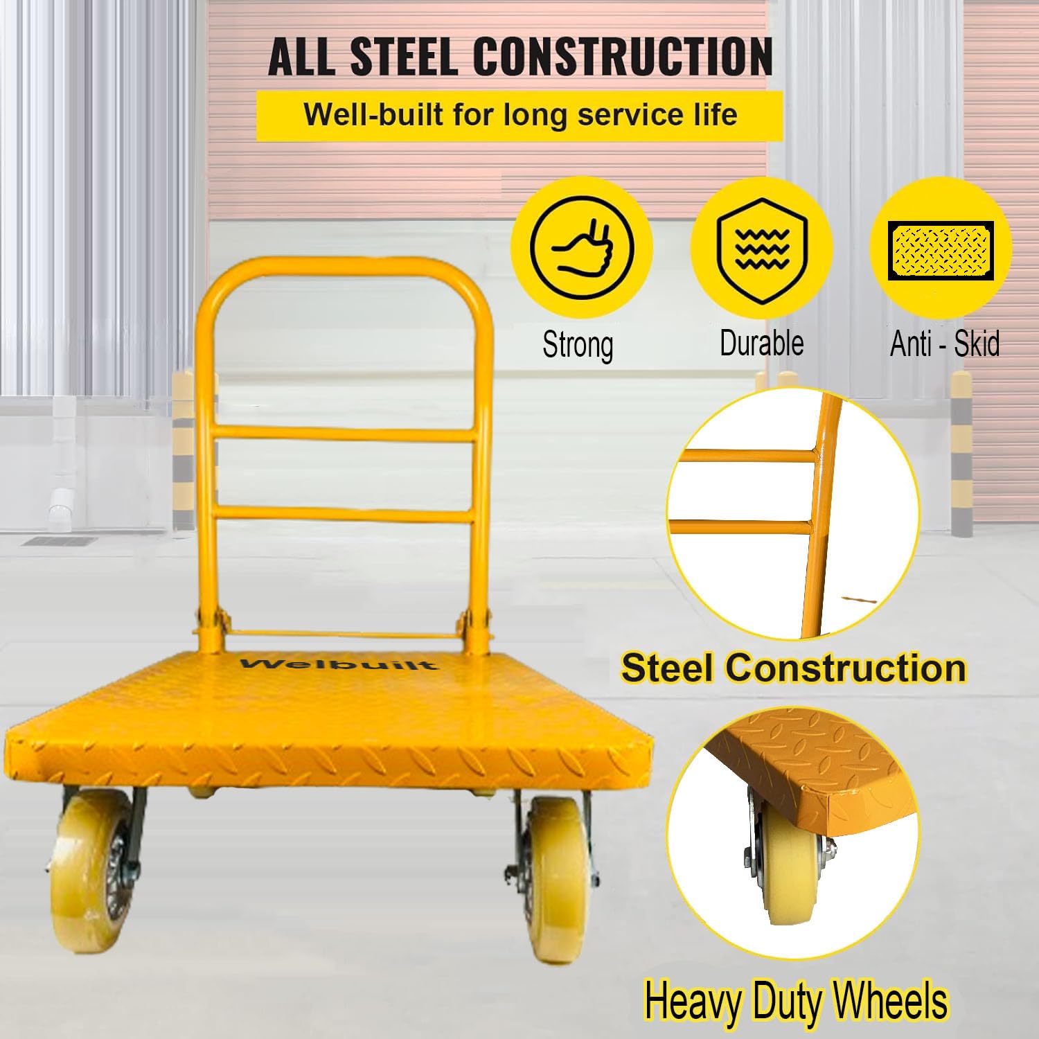 Welbuilt 700 kg Capacity Heavy Duty Iron Platform Trolley with 360° Degree Swivel Wheels - Yellow-Trollays-Welbuilt Products-Aman Overseas