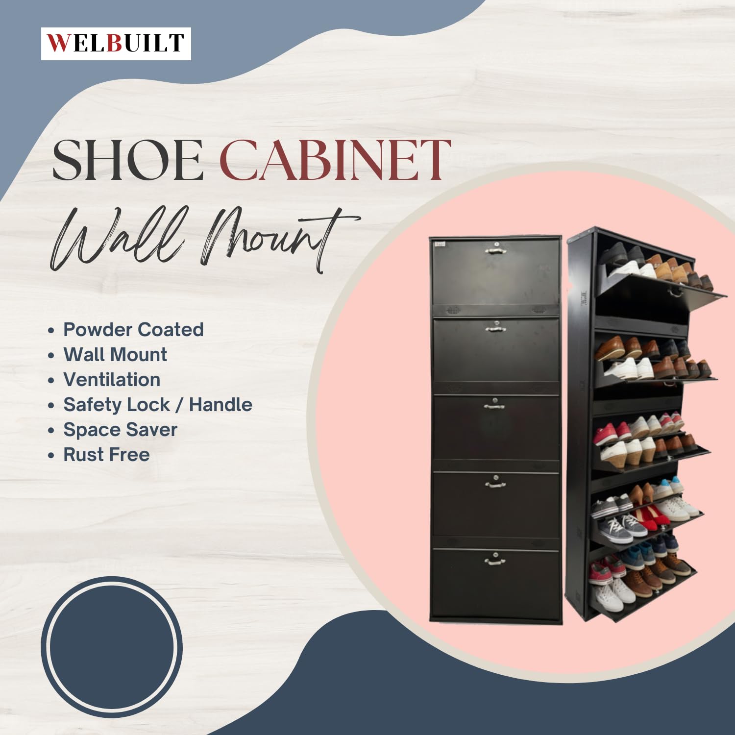 Metal Shoe Rack 30 Pairs Capacity | H-79'' W-26'' D-9.5'' |Wall Mounted Powder Coated 5 Door 10 Shelves Double Decker (Full Brown)
