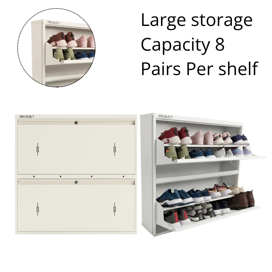 WELBUILT Double Decker Metal Shoe Rack | Capacity-16 Pairs, 2 Door 4 Shelf | H-34, W-35, D-9.5" (inches)| Shoe Cabinet for Home with Lock | Wall Mount - DIY | 100% Powder Coated | Full White