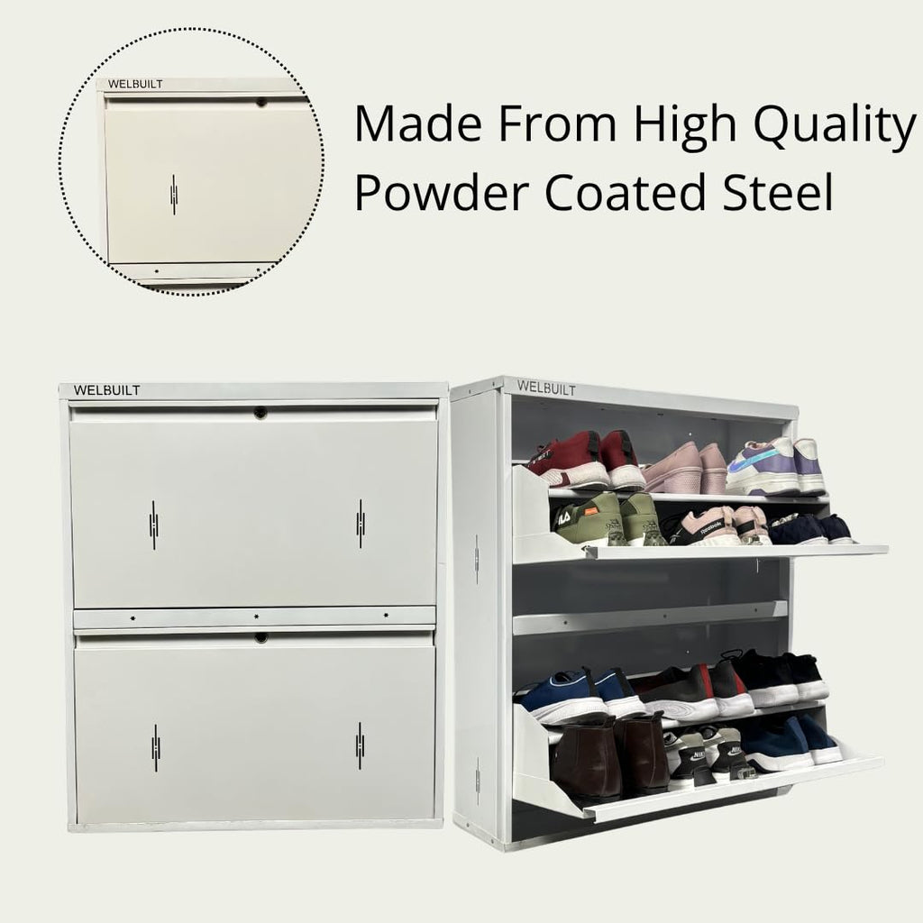WELBUILT Double Decker Metal Shoe Rack for Home | Capacity-12 Pairs, 2 Door 4 Shelf | H-34, W-29, D-9" (inches)| Shoe Cabinet for Home with Lock | Wall Mount - DIY | 100% Powder Coated | Full White