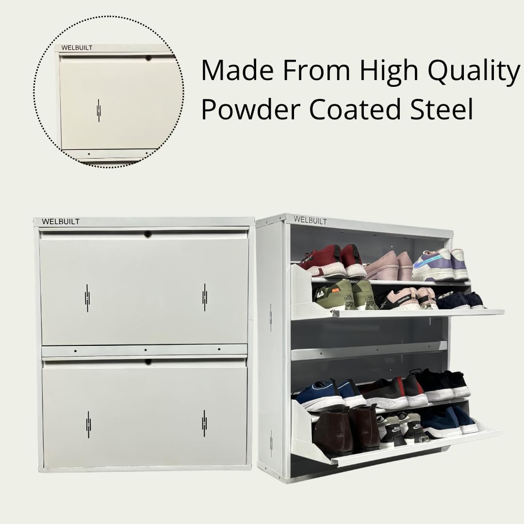 WELBUILT Double Decker Metal Shoe Rack for Home | Capacity-12 Pairs, 2 Door 4 Shelf | H-34, W-29, D-9" (inches)| Shoe Cabinet for Home with Lock | Wall Mount - DIY | 100% Powder Coated | Full White