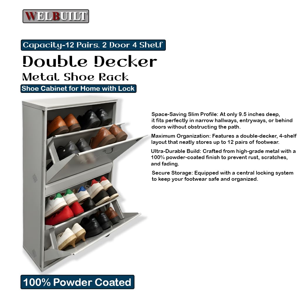 Welbuilt Metal Wall Mounted Shoe Rack | 12 Pairs | Double Decker 2 Door 4 Shelf | Powder Coated with Lock | White
