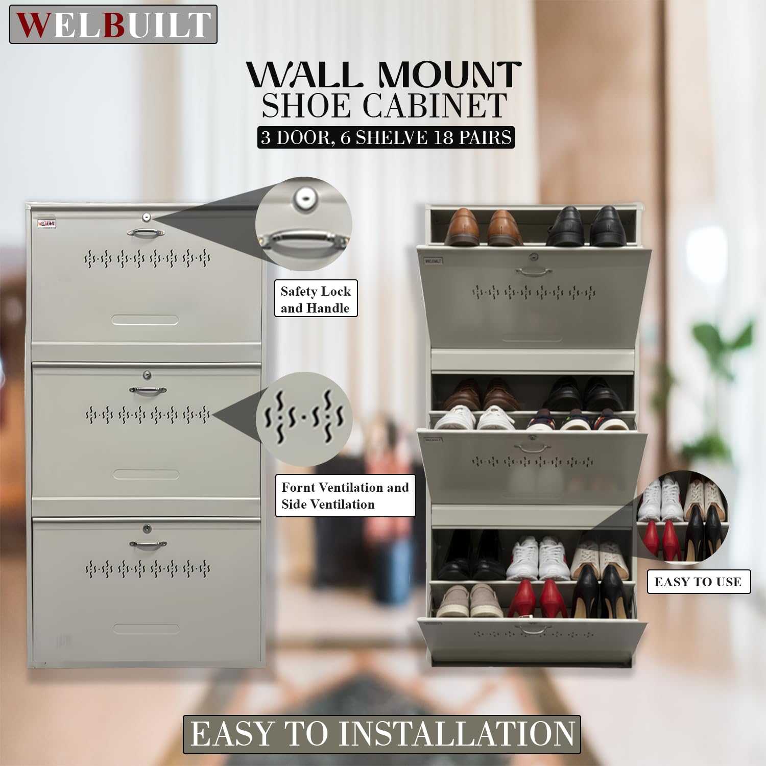 Double Decker Metal Shoe Rack for Home | Capacity-18 Pairs, 3 Door 6 Shelf | H-47, W-26, D-9.5" (inches)| Shoe Cabinet for Home with Lock | Wall Mount - DIY | 100% Powder Coated