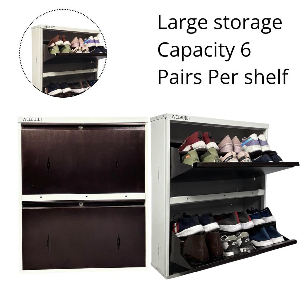Double Decker Metal Shoe Rack for Home | Capacity-12 Pairs, 2 Door 4 Shelf | H-34, W-29, D-9" (inches)| Shoe Cabinet for Home with Lock | Wall Mount - DIY | 100% Powder Coated | White & Brown