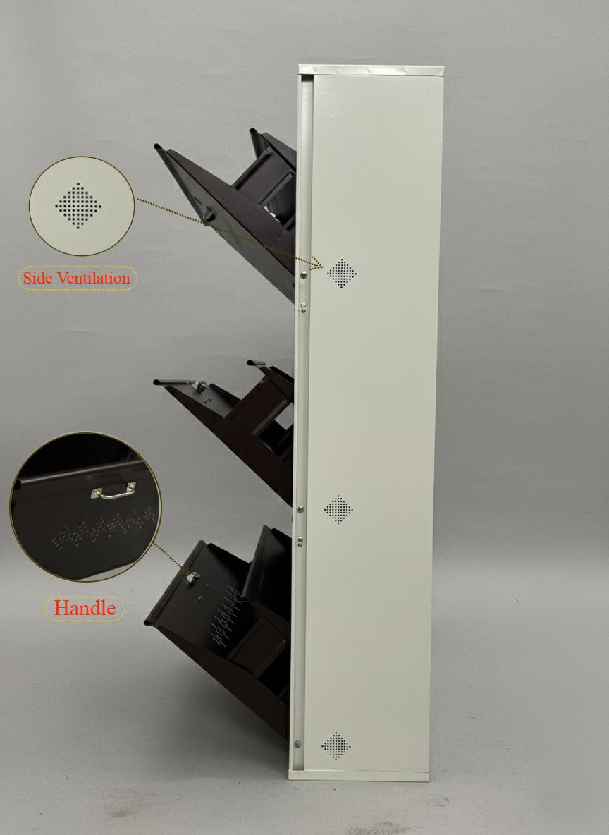 Metal Shoe Rack 18 Pairs Capacity | H-52'' W-26'' D-9.5'' |Wall Mounted Powder Coated 3 Door 6 Shelves Double Decker (White & Brown)