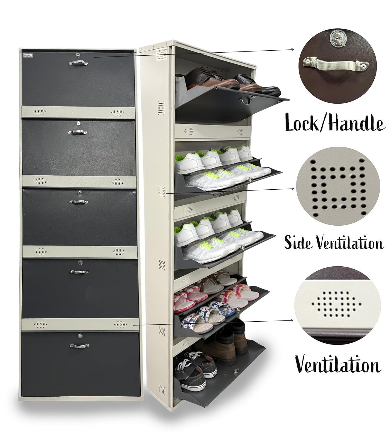 Metal Shoe Rack 30 Pairs Capacity | H-79'' W-26'' D-9.5'' |Wall Mounted Powder Coated 5 Door 10 Shelves Double Decker (White & Brown)