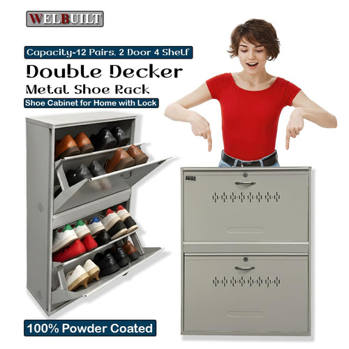 Double Decker Metal Shoe Rack for Home | Capacity-12, Pairs, 2 Door 4 Shelf | H-34, W-26, D-9.5" (inches)| Shoe Cabinet for Home with Lock | Wall Mount - DIY | 100% Powder Coated | White