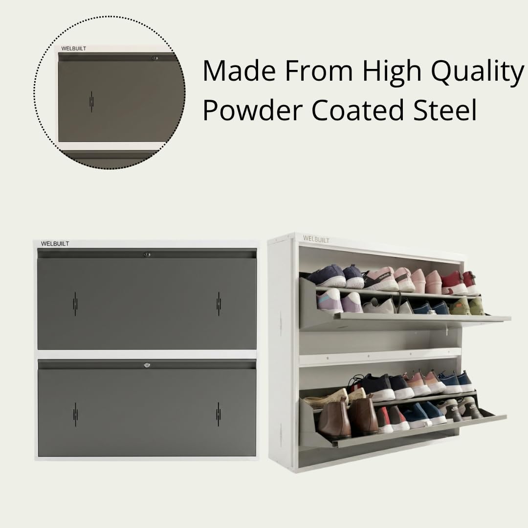 Double Decker Metal Shoe Rack | Capacity-16 Pairs, 2 Door 4 Shelf | H-34, W-35, D-9.5" (inches)| Shoe Cabinet for Home with Lock | Wall Mount - DIY | 100% Powder Coated | White & Grey