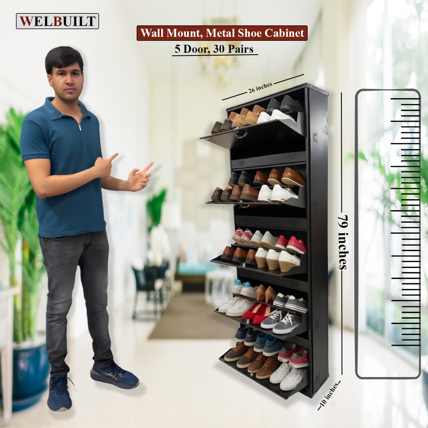 Metal Shoe Rack 30 Pairs Capacity | H-79'' W-26'' D-9.5'' |Wall Mounted Powder Coated 5 Door 10 Shelves Double Decker (Full Brown)