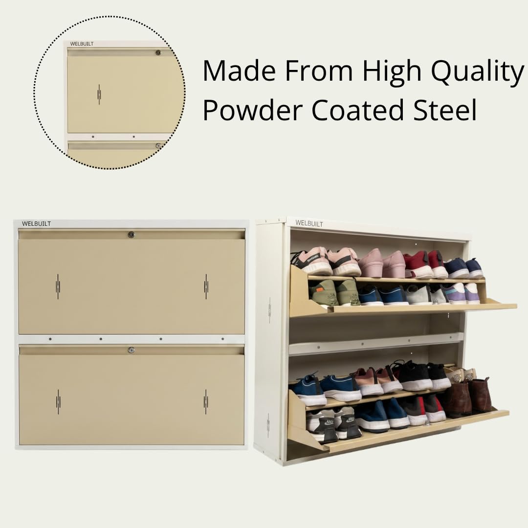 Double Decker Metal Shoe Rack | Capacity-16 Pairs, 2 Door 4 Shelf | H-34, W-35, D-9.5" (inches)| Shoe Cabinet for Home with Lock | Wall Mount - DIY | 100% Powder Coated | White & Biscuits