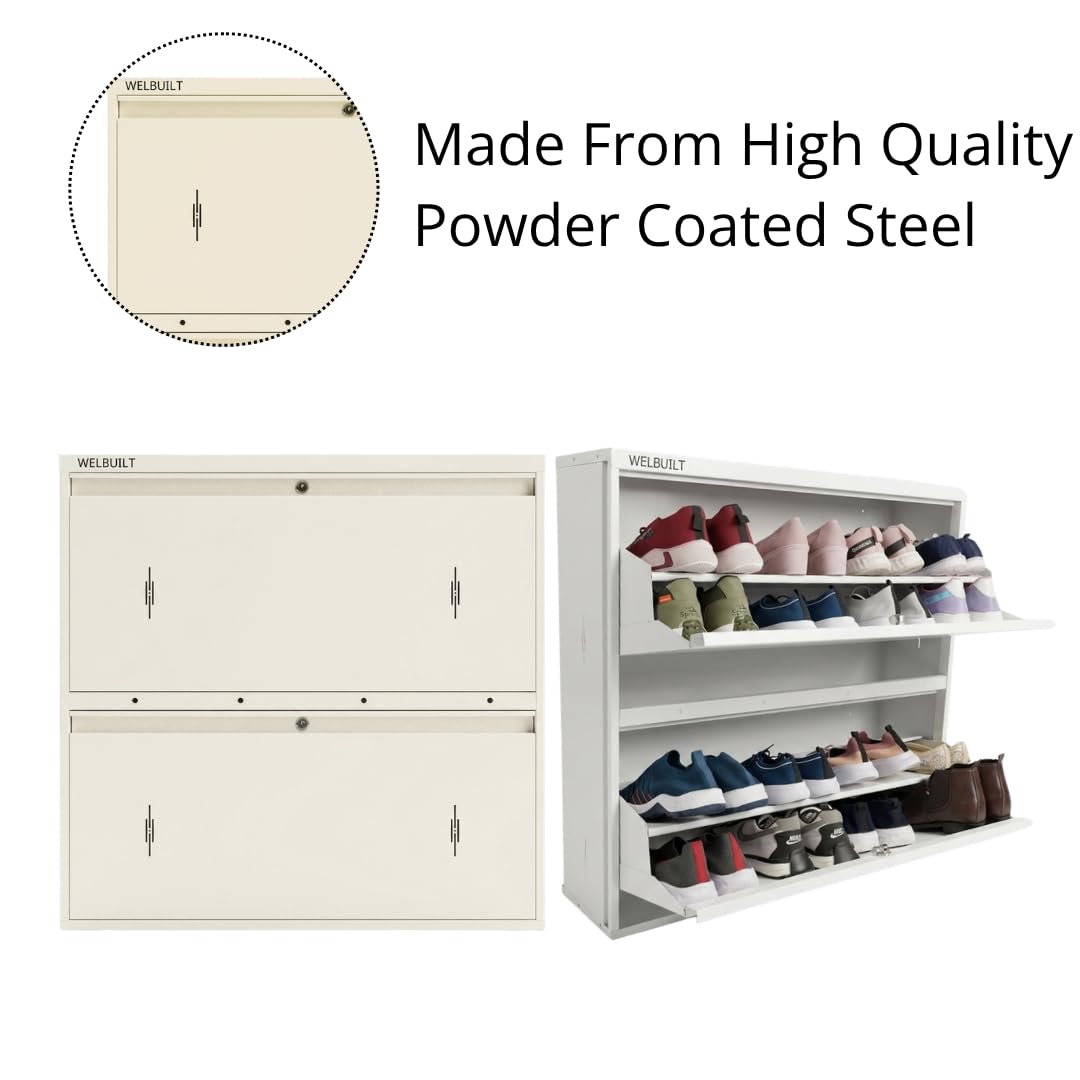 WELBUILT Double Decker Metal Shoe Rack | Capacity-16 Pairs, 2 Door 4 Shelf | H-34, W-35, D-9.5" (inches)| Shoe Cabinet for Home with Lock | Wall Mount - DIY | 100% Powder Coated | Full White