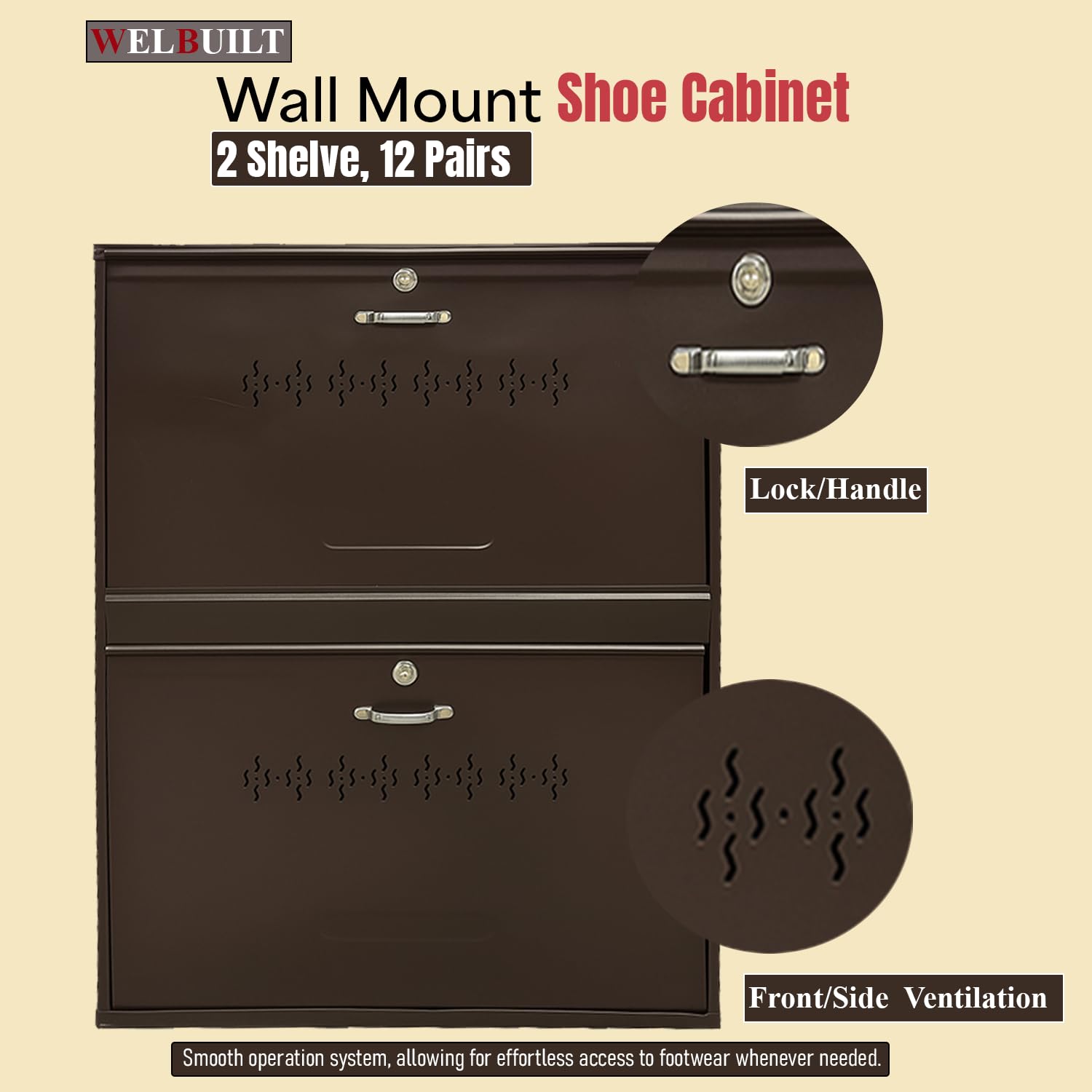 Metal Shoe Rack for Home | Capacity-12 Pairs, 2 Door 4 Shelf | H-34, W-26, D-9.5" (inches)| Shoe Cabinet for Home with Lock | Wall Mount - DIY | 100% Powder Coated | Brown