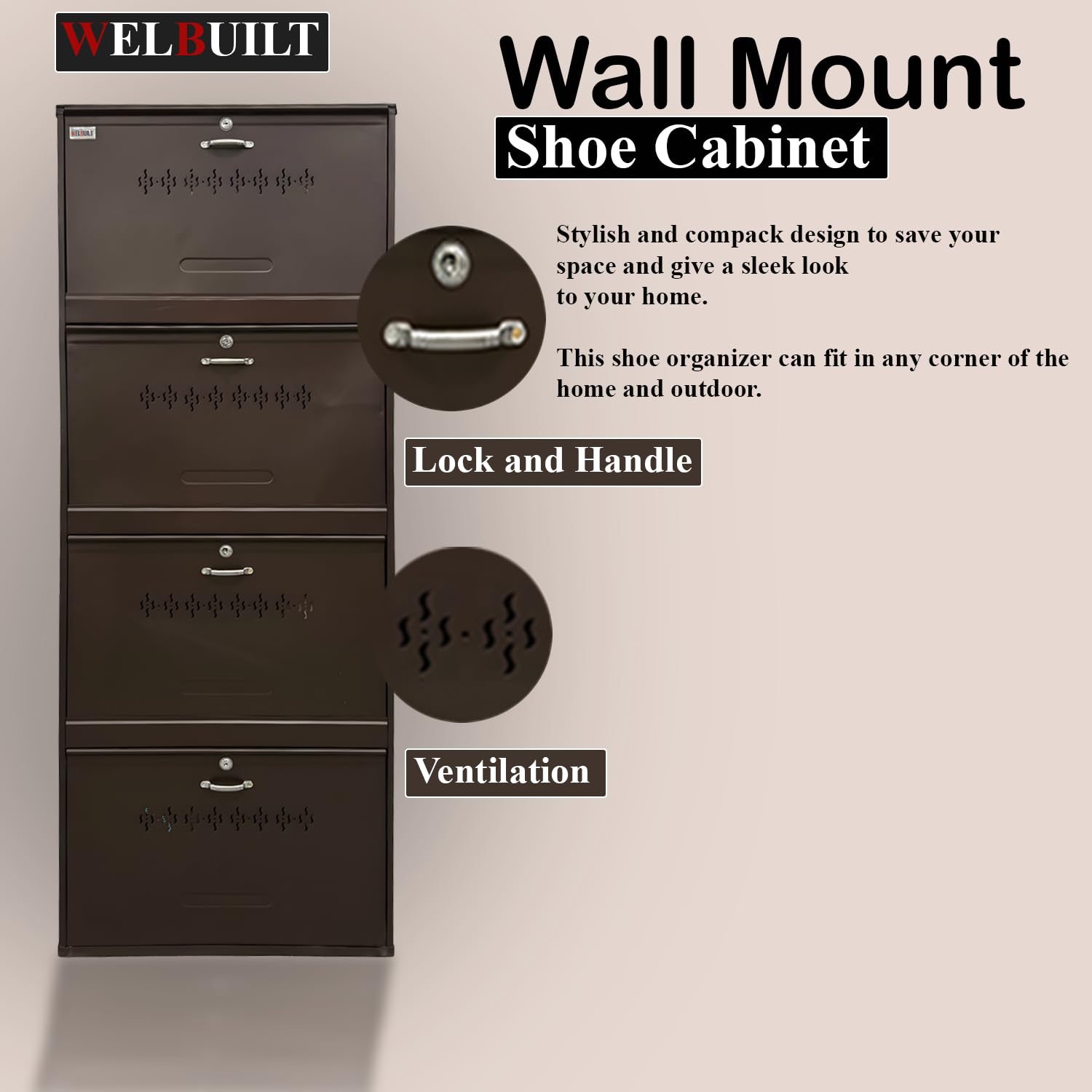 Metal Shoe Rack 24 Pairs Capacity | H-69'' W-26'' D-9.5'' |Wall Mounted Powder Coated 4 Door 8 Shelves Double Decker (Full Brown)