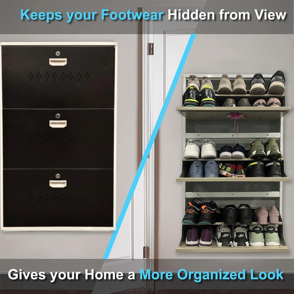 Metal Shoe Rack 18 Pairs Capacity | H-41'' W-26'' D-9.5'' |Wall Mounted Powder Coated 3 Door 6 Shelves Double Decker (White/Brown)